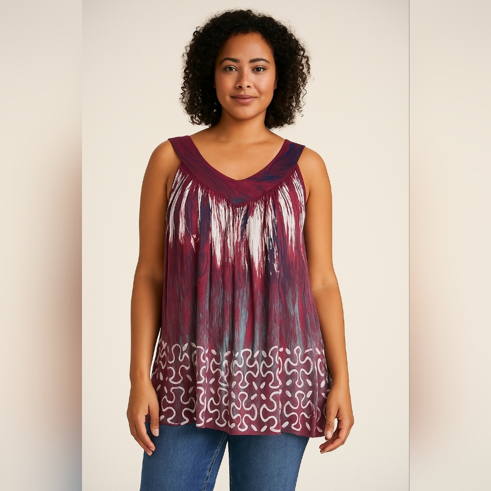 Papa Vancouver Boho Abstract Tie-Dye Rayon Tunic Top Free Size